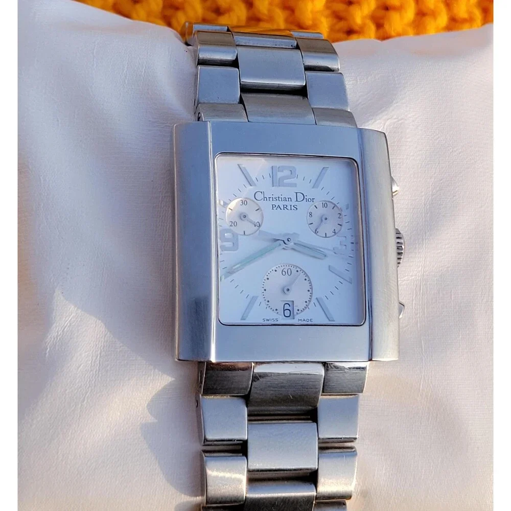 Christian Dior Riva Chronograph Watch Silver Rectangular Swiss Made Luxury